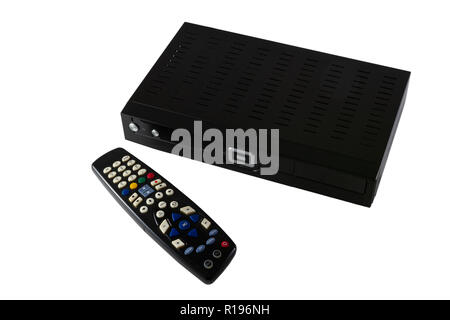 Remote controller and Receiver for Satellite and IP TV (STB) isolated on white background- top view Stock Photo