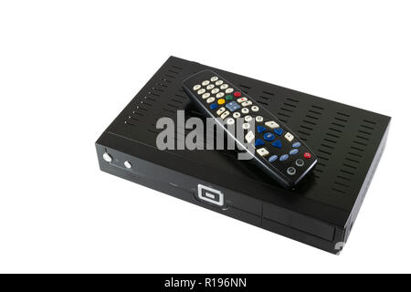 Remote controller and Receiver for Satellite and IP TV (STB) isolated on white background- top view Stock Photo