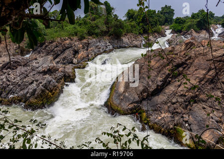 Don Khone, Laos - April 23, 2018: Rapids over the Mekong river on the Four Thousand Islands zone near the border between Laos and Cambodia Stock Photo