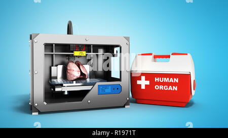 concept of transplantation process of creating human organs using 3D printer illustration isolated on blue Stock Photo