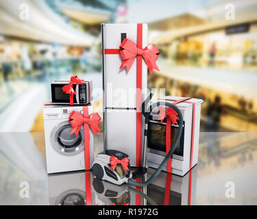 Home appliances as a gift Group of white refrigerator washing machine stove microwave oven vacuum cleaner with red strip sale background 3d render Stock Photo