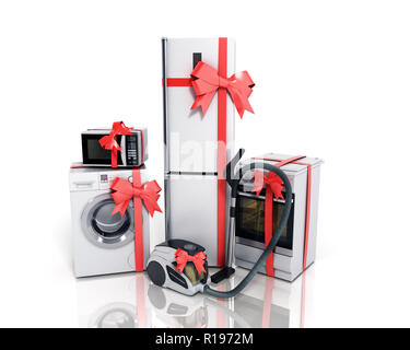 Home appliances as a gift Group of white refrigerator washing machine stove microwave oven vacuum cleaner with red strip isolated on white background  Stock Photo