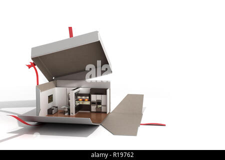 Concept apartment as a gift Kitchen interior in an open box 3d render on white Stock Photo