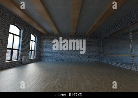 3d rendering of empty studio loft with white grunge bricks walls Stock ...