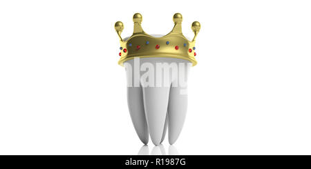 Dental crowns. White tooth model with a golden crown isolated on white background. 3d illustration Stock Photo