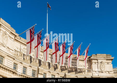 London. November 2018. A view of Ensign maritine flags on Amiralty Arch on The Mall in London Stock Photo