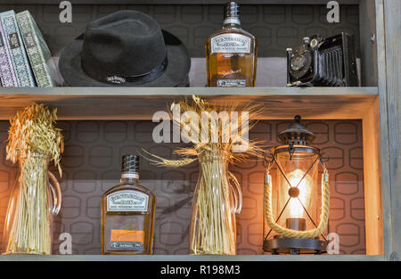 KIEV, UKRAINE - OCTOBER 20, 2018: Jack Daniels Gentleman Jack Tennessee straight bourbon whisky bottle booth at 4th Ukrainian Whisky Dram Festival by  Stock Photo