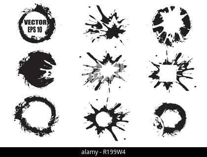 Set of black hand-painted blots, on white background and ink splatter. Vector and abstract elements for design in grunge style Stock Vector