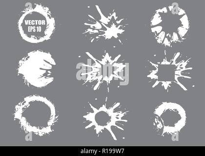 Set of black hand-painted blots, on white background and ink splatter. Vector and abstract elements for design in grunge style Stock Vector