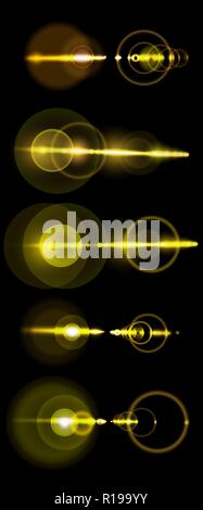 A set of golden solar lens flare a translucent special design of the light effect. A vector blur in the light of radiance. Isolated transparent background. Element of decor. Horizontal rays of light Stock Vector
