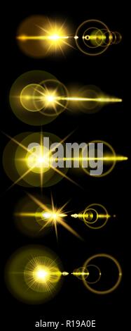 A set of golden solar lens flare a translucent special design of the light effect. A vector blur in the light of radiance. Isolated transparent background. Element of decor. Horizontal rays of light Stock Vector