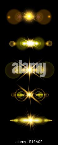 A set of golden solar lens flare a translucent special design of the light effect. A vector blur in the light of radiance. Isolated transparent background. Element of decor. Horizontal rays of light Stock Vector