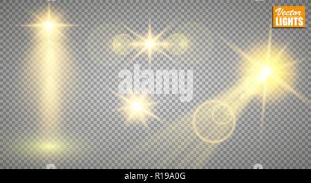 Light effects. A set of golden shining lights isolated on a transparent background. The flash flashes with rays and a searchlight. A splash of stars with sparkles Stock Vector