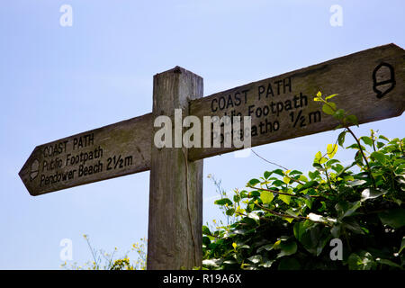 Signpost on the Coast Path at Portscatho, Roseland Peninsula, Cornwall, England Stock Photo