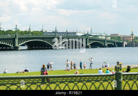 Troitsky drawbridge bridge across the Neva River in St. Petersburg. Stock Photo