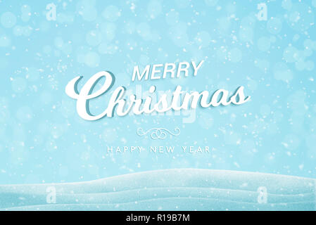 Merry Christmas and Happy New Year white text on blue background with snowflakes and bokeh light in background. Stock Photo