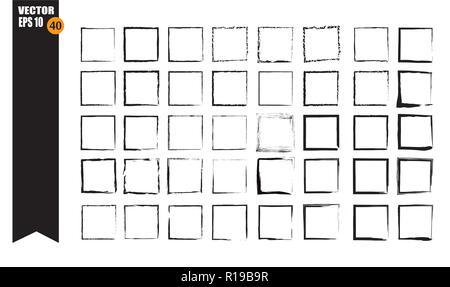 A set of frames, black squares, textural lines, also brushes. Stock Vector
