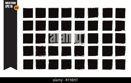A set of frames, black squares, textural lines, also brushes. Stock Vector
