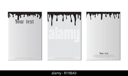 A set of A4 sheets with black blots sticking on a sheet of paper. Black abstract design. Ink paint on brochure on white background. Liquid ink on a piece of paper. The banner Stock Vector