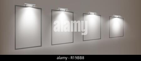 A set of frames weighing on the wall. Frame for the image, rectangular, rectangular frame and the lamp on the wall, vector illustration Stock Vector