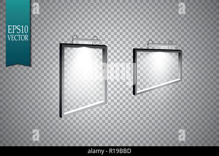 A set of frames weighing on the wall. Frame for the image, rectangular, rectangular frame and the lamp on the wall, vector illustration Stock Vector