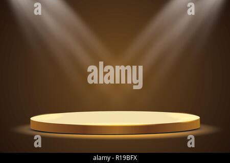 Golden podium with a spotlight on a dark background, the first place, fame and popularity. Vector illustration Stock Vector