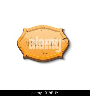 Wooden signboard, isolated on a dark wooden background, hung on a pole, vector realistic wood texture illustration. Old banner with a rope Stock Vector