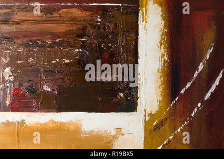 Close-Up view of Abstract Paint on a Canvas in Brown Yellow and Red Tints Stock Photo