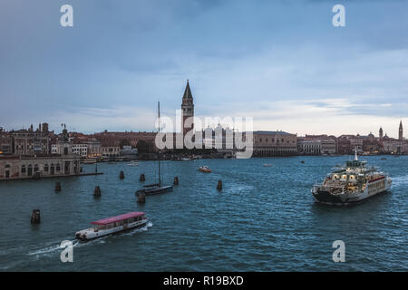 Aerial panorama of the Grand Canal near Punta della Dogana and San Marco square on a rainy day, venice, Italy Stock Photo