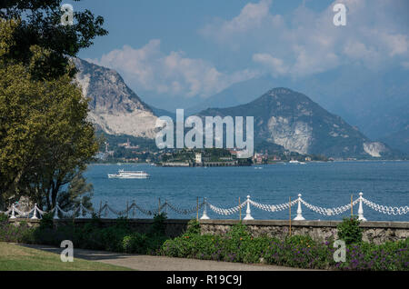View to Borromean Islands Maggiore lake from  Villa Pallavicino park. Piedmont Italy, Europe Stock Photo