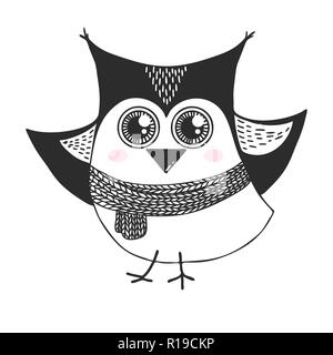 Sketch cute bird. Owl in a doodle style. Vector Stock Vector