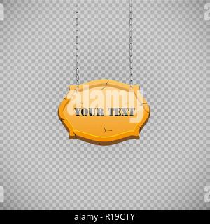 A wooden sign, a sign with a rope hanging on a nail. vector illustration. On a transparent background, with your text Stock Vector
