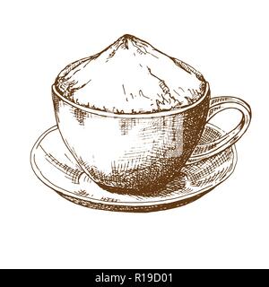 Sketch of a cup of coffee on a saucer. Vector illustration of a sketch style. Stock Vector