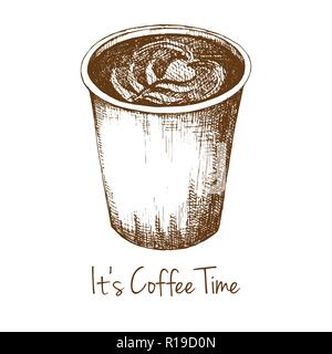 Sketch of a cup of coffee. The inscription It's Coffee Time. Vector illustration of a sketch style. Stock Vector