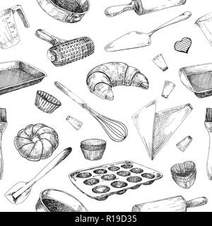 Seamless pattern of dishes for baking. Baking stuff. Vector illustration in sketch style. Stock Vector