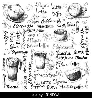 The names of different types of coffee. Different coffee cocktails. Vector illustration of a sketch style. Stock Vector