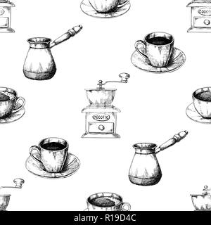 Seamless pattern. Sketch the different cups of coffee, coffee pots and other items. Stock Vector