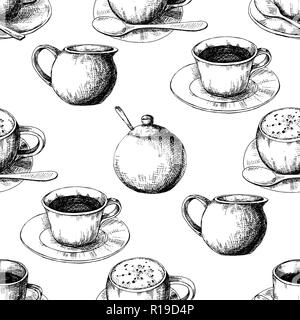 Seamless pattern. Sketch the different cups of coffee, coffee pots and other items. Stock Vector