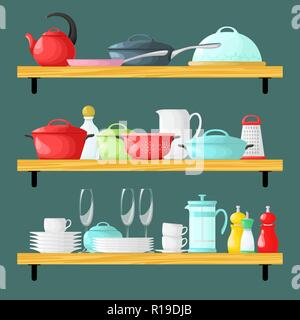 Three shelves with dishes. Cookware set in cartoon style. Vector Stock Vector