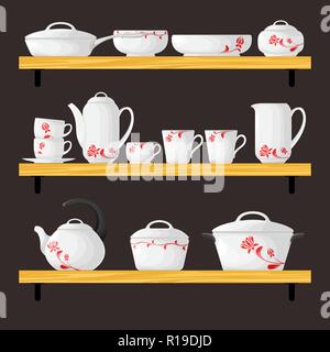 Three shelves with dishes. Cookware set in cartoon style. Vector Stock Vector