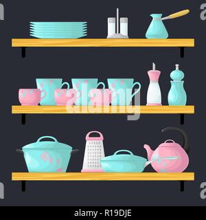 Three shelves with dishes. Cookware set in cartoon style. Vector Stock Vector