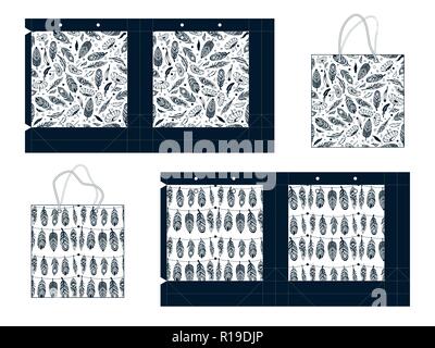 Template paper gift package. Background with feathers, leaves and other elements. Vector illustration. Stock Vector