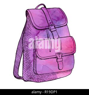 Sketch of a rucksack. Backpack isolated on white background. Vector illustration of a sketch style.Stylized watercolor. EPS 10 Stock Vector
