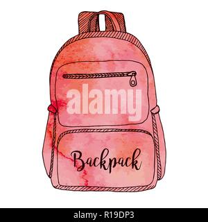 Sketch of a rucksack. Backpack isolated on white background. Vector illustration of a sketch style.Stylized watercolor. EPS 10 Stock Vector