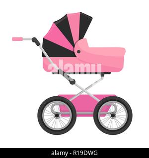 Pink baby carriage isolated on white background. Vector Stock Vector