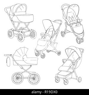 Sketch of a baby stroller and stroller for walks. Vector illustration Stock Vector