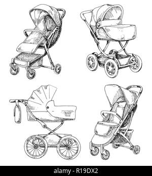 Sketch of a baby stroller and stroller for walks. Vector illustration Stock Vector