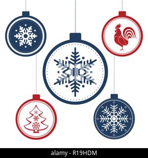 Vector set of hanging Christmas balls with snowflakes, rooster and a Christmas tree Stock Vector