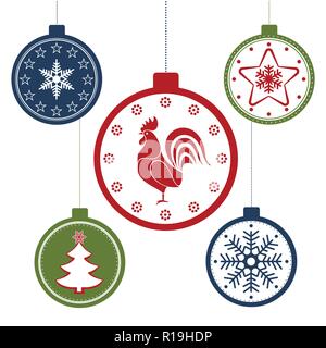 Vector set of hanging Christmas balls with snowflakes, rooster and a Christmas tree Stock Vector