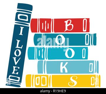 I Love Books lettering on vector set of colorful books Stock Vector